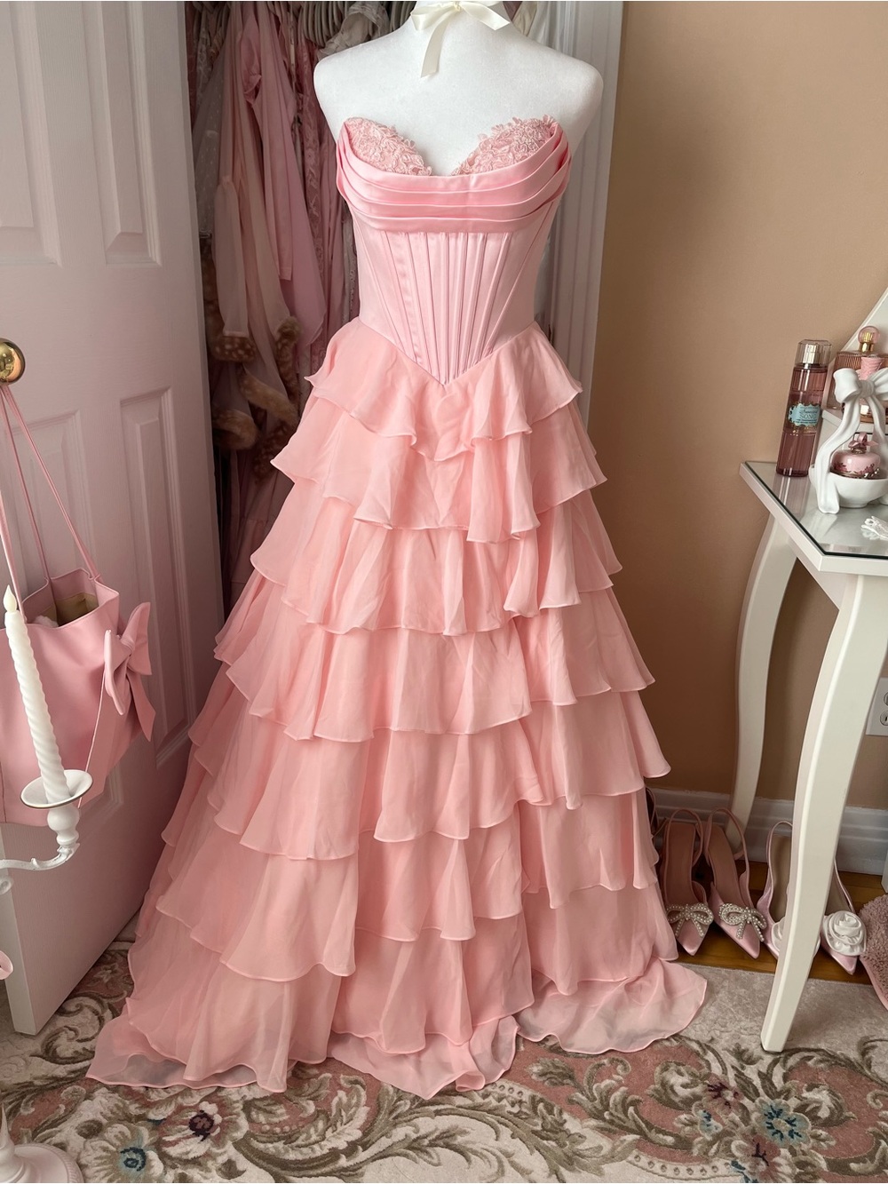 JJs House Pink Strapless Ruffled Tiered Prom Gown